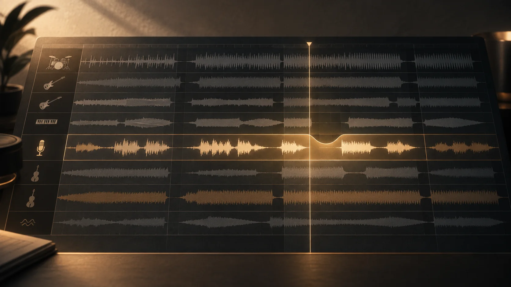 Ilustración de una sesión multipista con la voz destacada: decisiones de mezcla dentro del contexto de la canción.