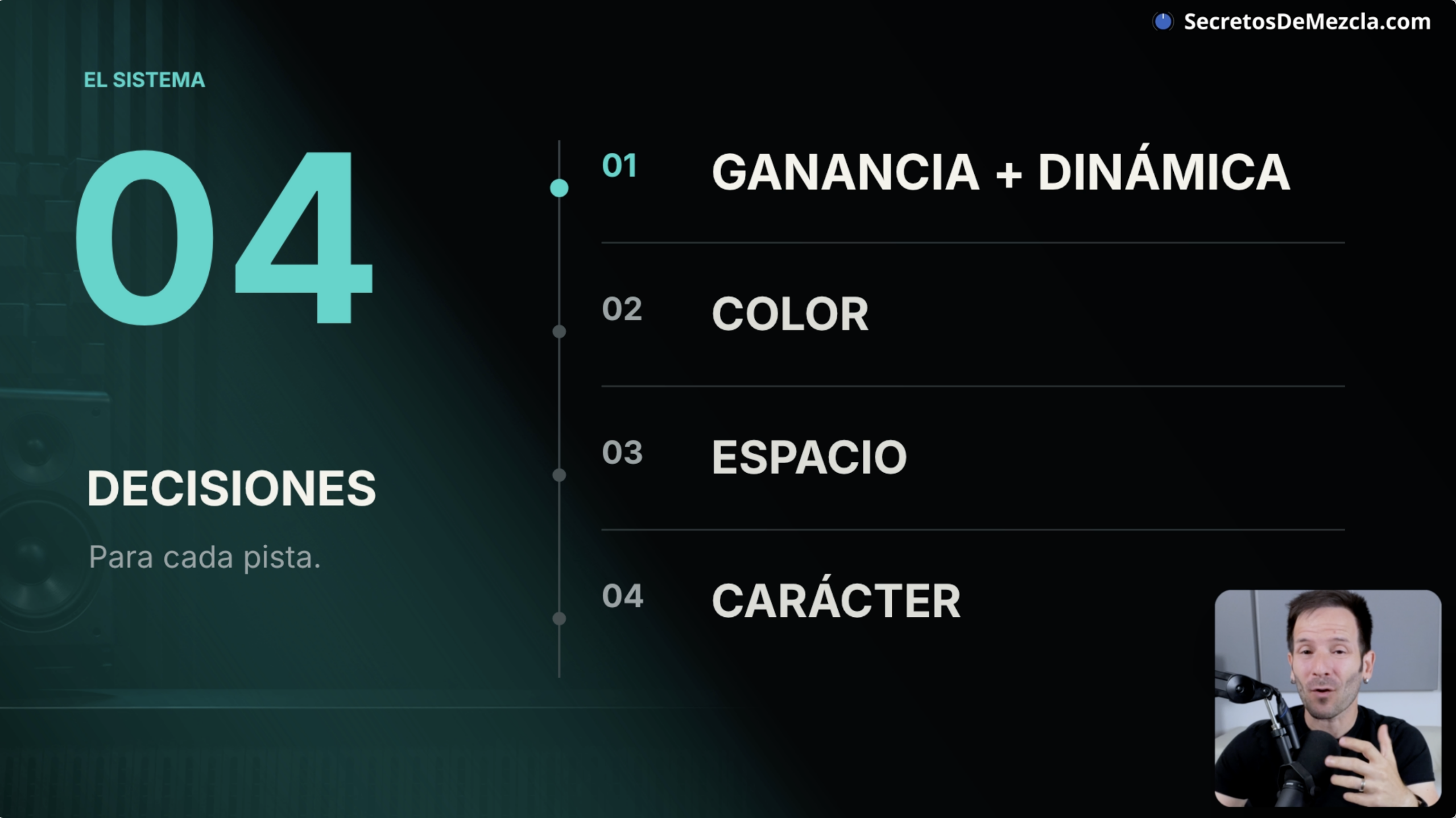 Cuatro decisiones de mezcla para cada pista: ganancia y dinámica, color, espacio y carácter.